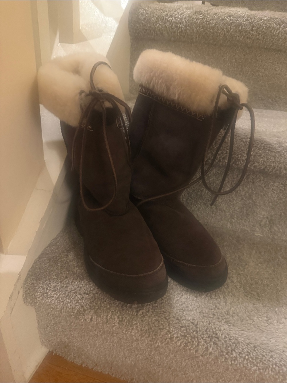 UGG Brown Suede Shearling-Lined Lace-Up Mid-Calf Boots - Picture 4 of 5